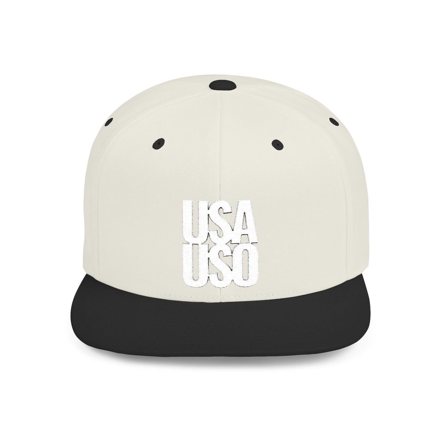 Flat Bill Snapback Hat  — USA USO  - White Embroidery - AU/NZ/USA