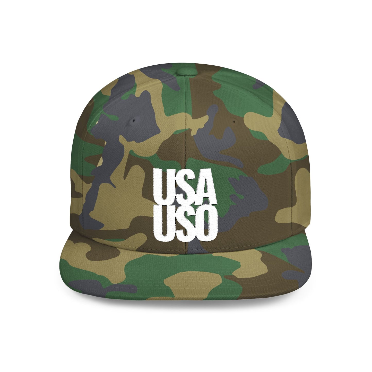 Flat Bill Snapback Hat  — USA USO  - White Embroidery - AU/NZ/USA